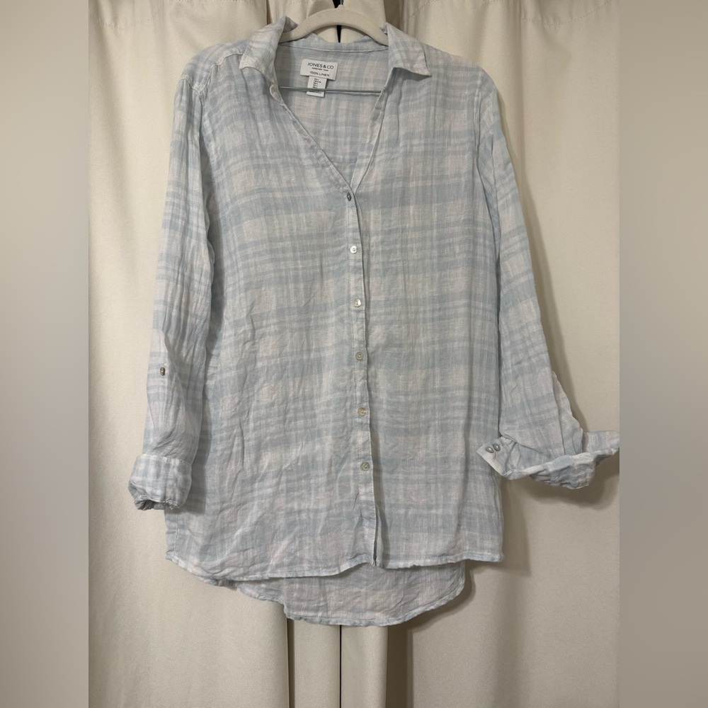 Jones & Co. 100% Linen Light Blue White Plaid Button Down Top Size L